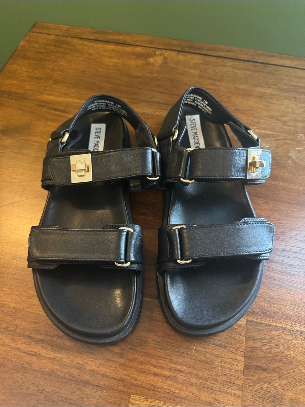 Steve Madden Kids Black Leather Strap Sandals with Gold Accents